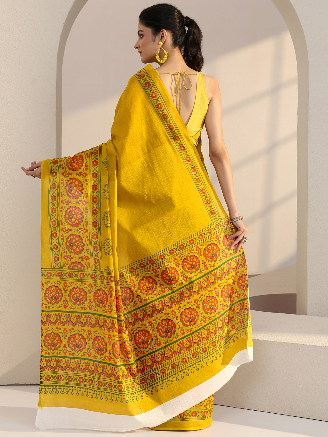  Mustard Block Print Cotton Saree 