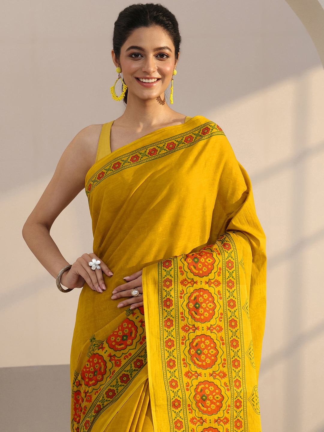  Mustard Block Print Cotton Saree 
