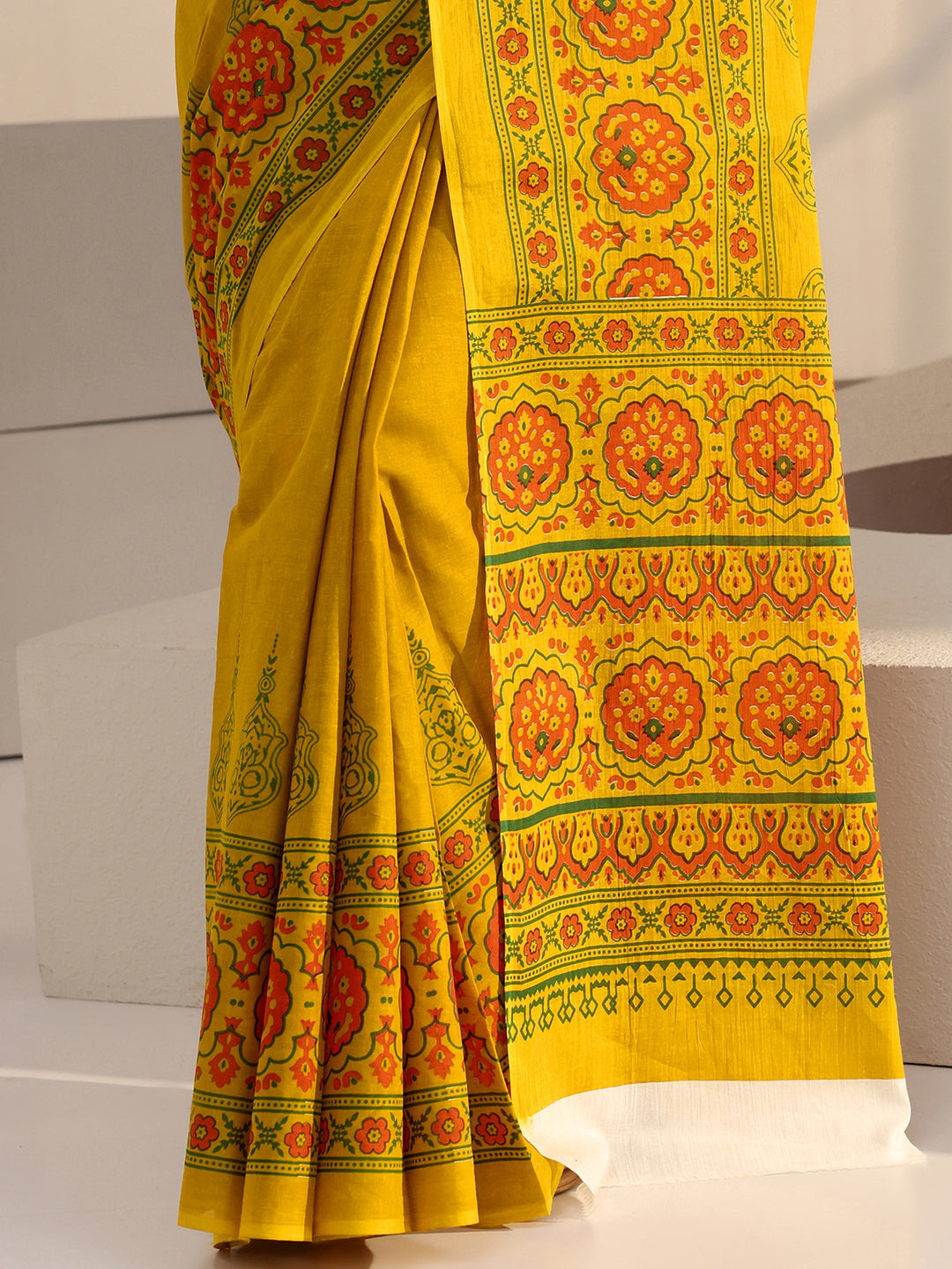  Mustard Block Print Cotton Saree 