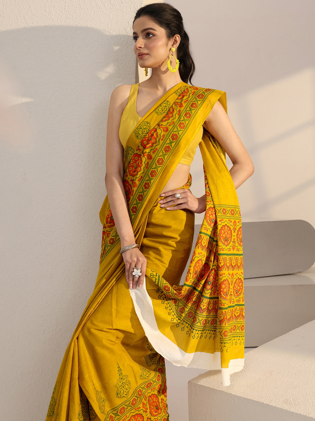  Mustard Block Print Cotton Saree 
