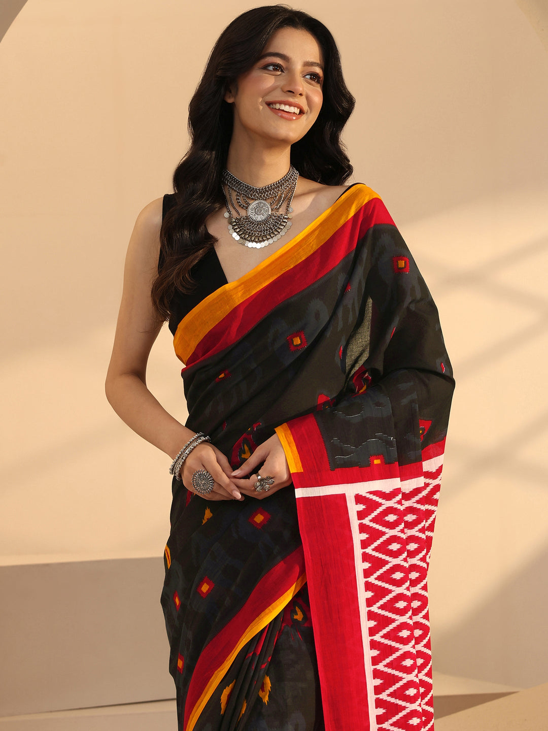  Black Geometric Print Jamdani Cotton Saree 