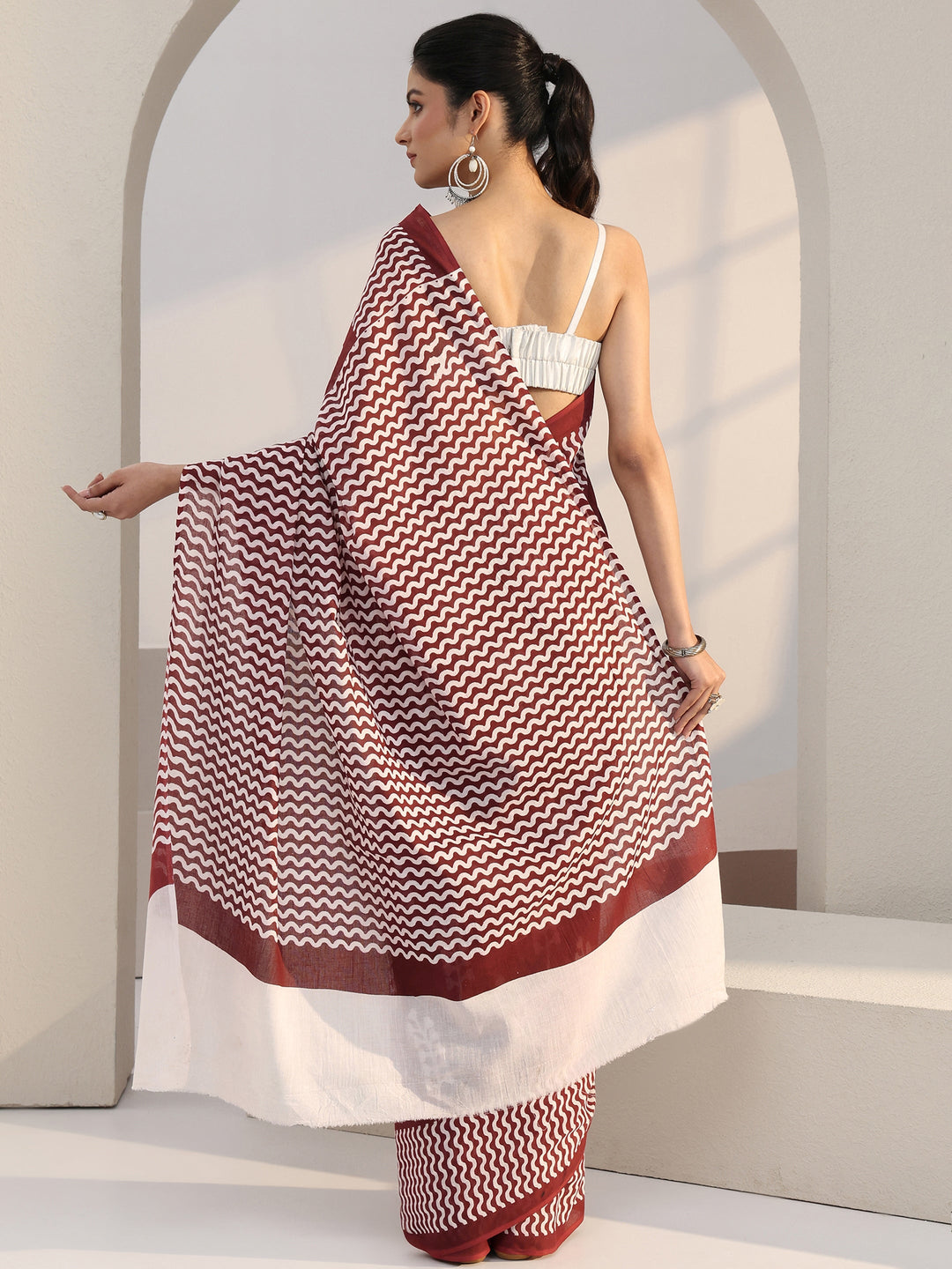  Maroon Floral Print Cotton Saree 