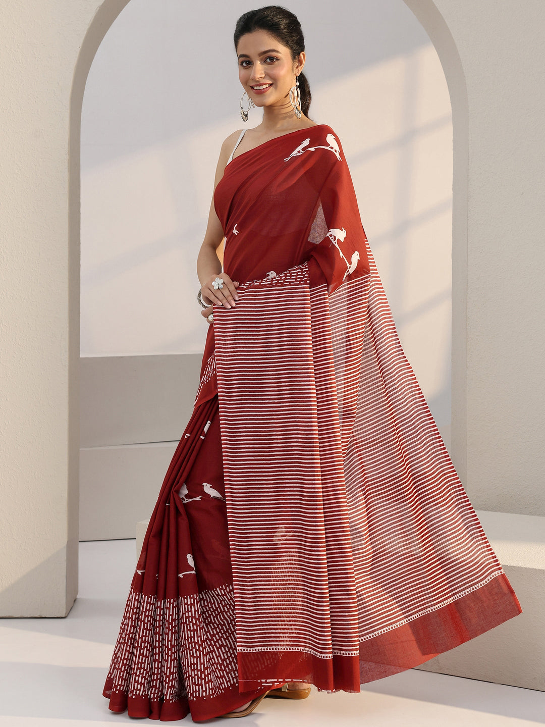  Rust Red Bird Print Cotton Saree 