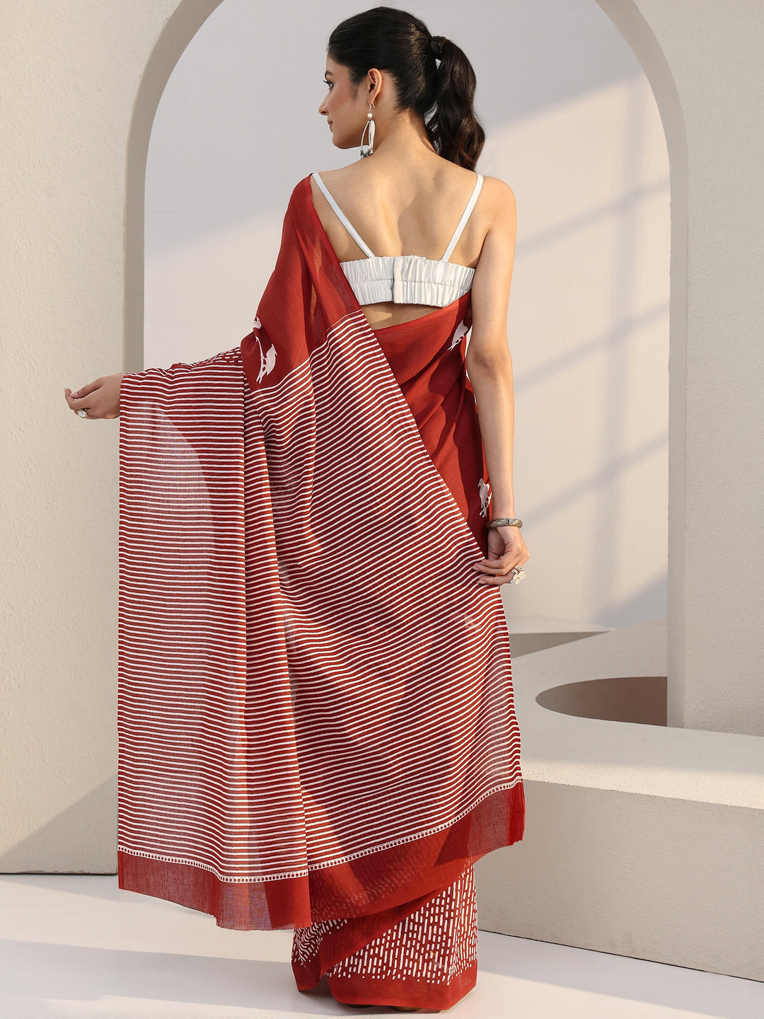  Rust Red Bird Print Cotton Saree 