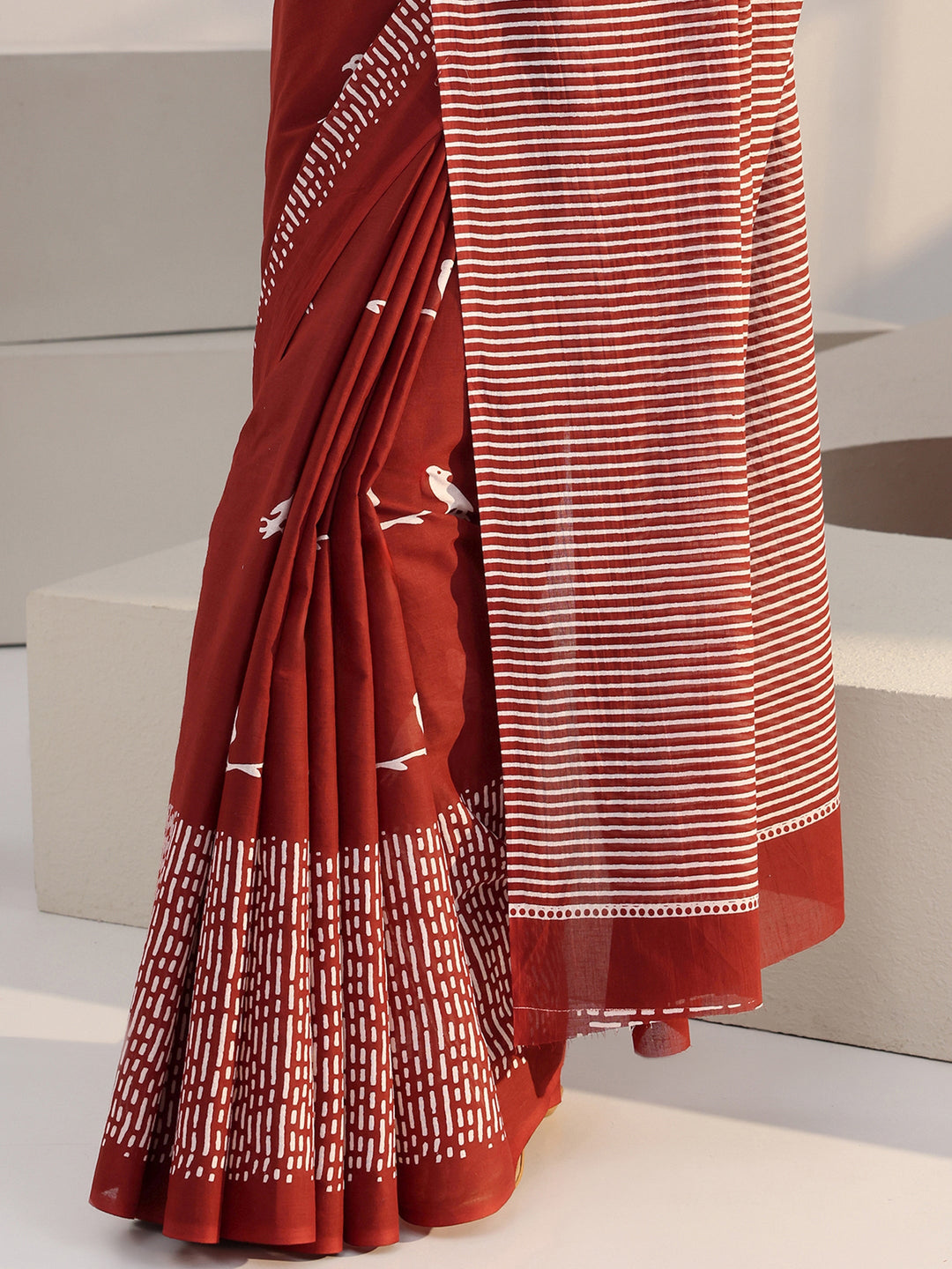  Rust Red Bird Print Cotton Saree 
