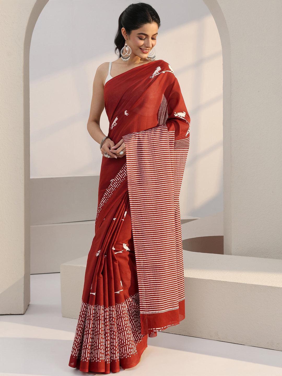  Rust Red Bird Print Cotton Saree 