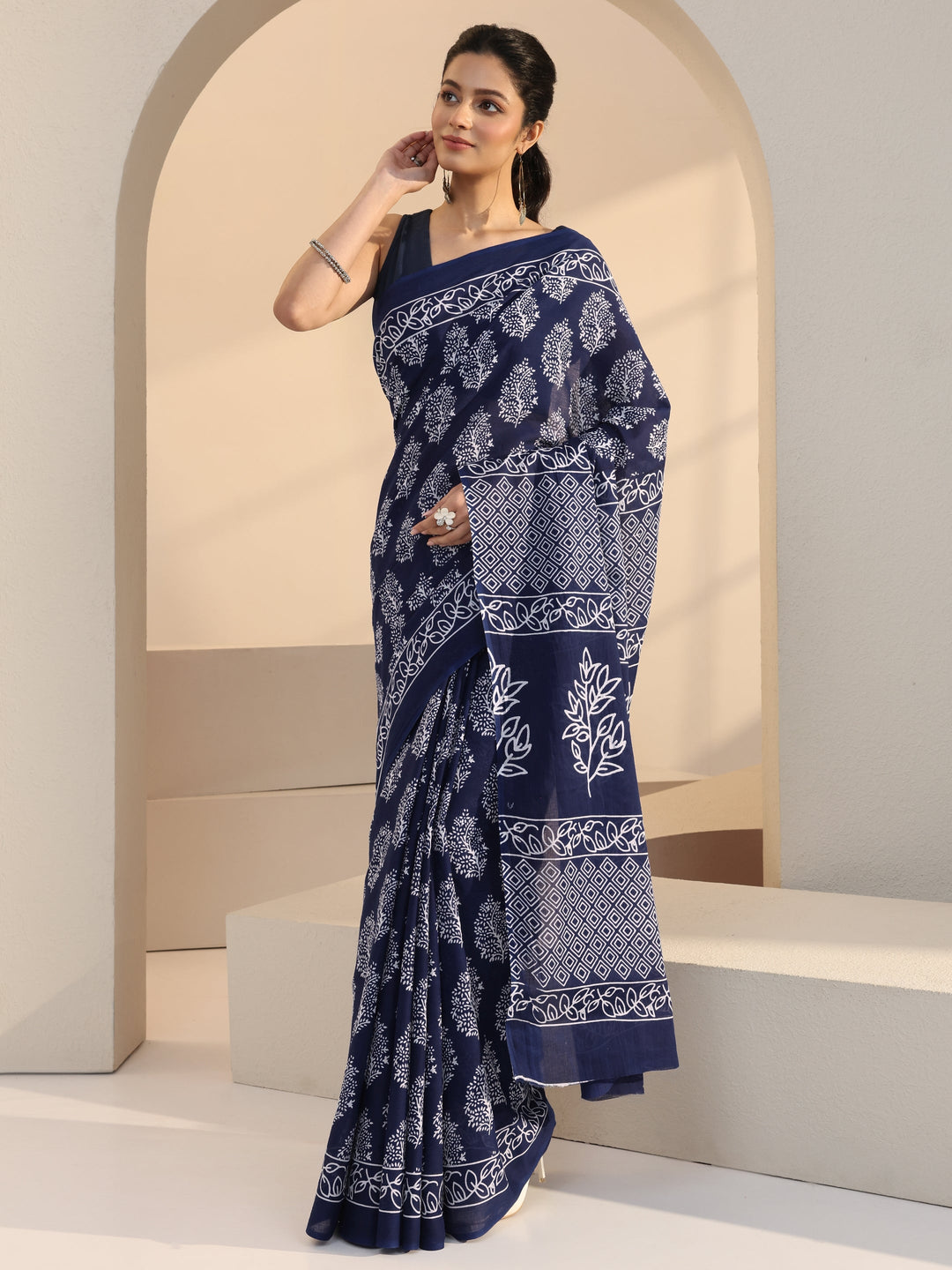  Navy Leafy Print Cotton Saree 