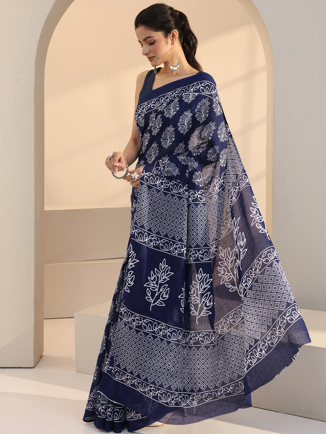  Navy Leafy Print Cotton Saree 