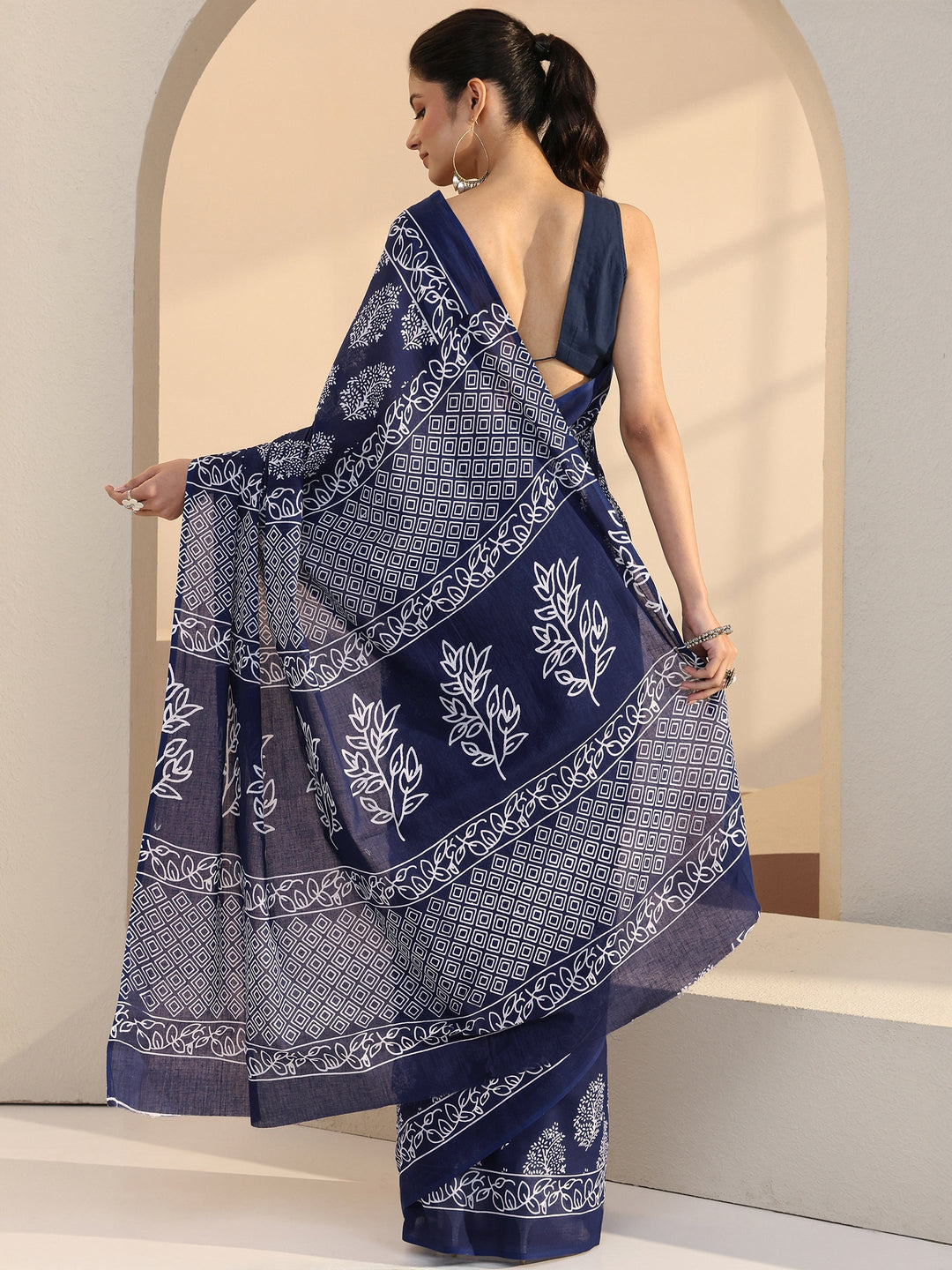  Navy Leafy Print Cotton Saree 