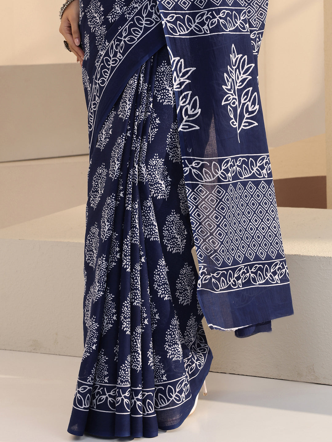  Navy Leafy Print Cotton Saree 
