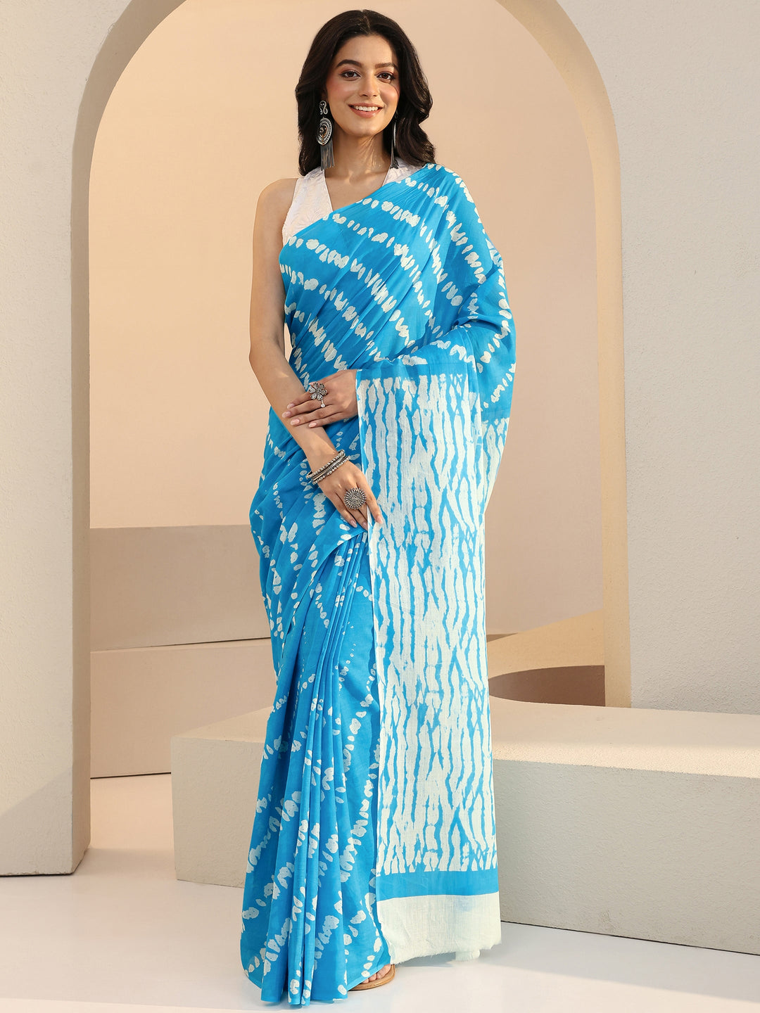  Aqua Blue Shibori Print Cotton Saree 