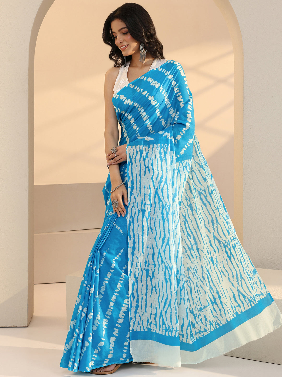  Aqua Blue Shibori Print Cotton Saree 
