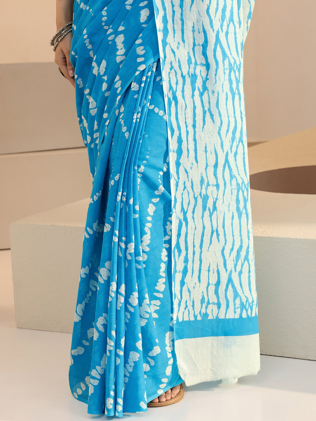 Aqua Blue Shibori Print Cotton Saree 