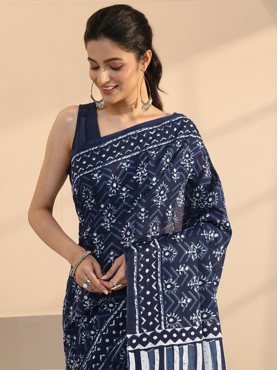  Indigo Dabu Floral Print Cotton Saree 