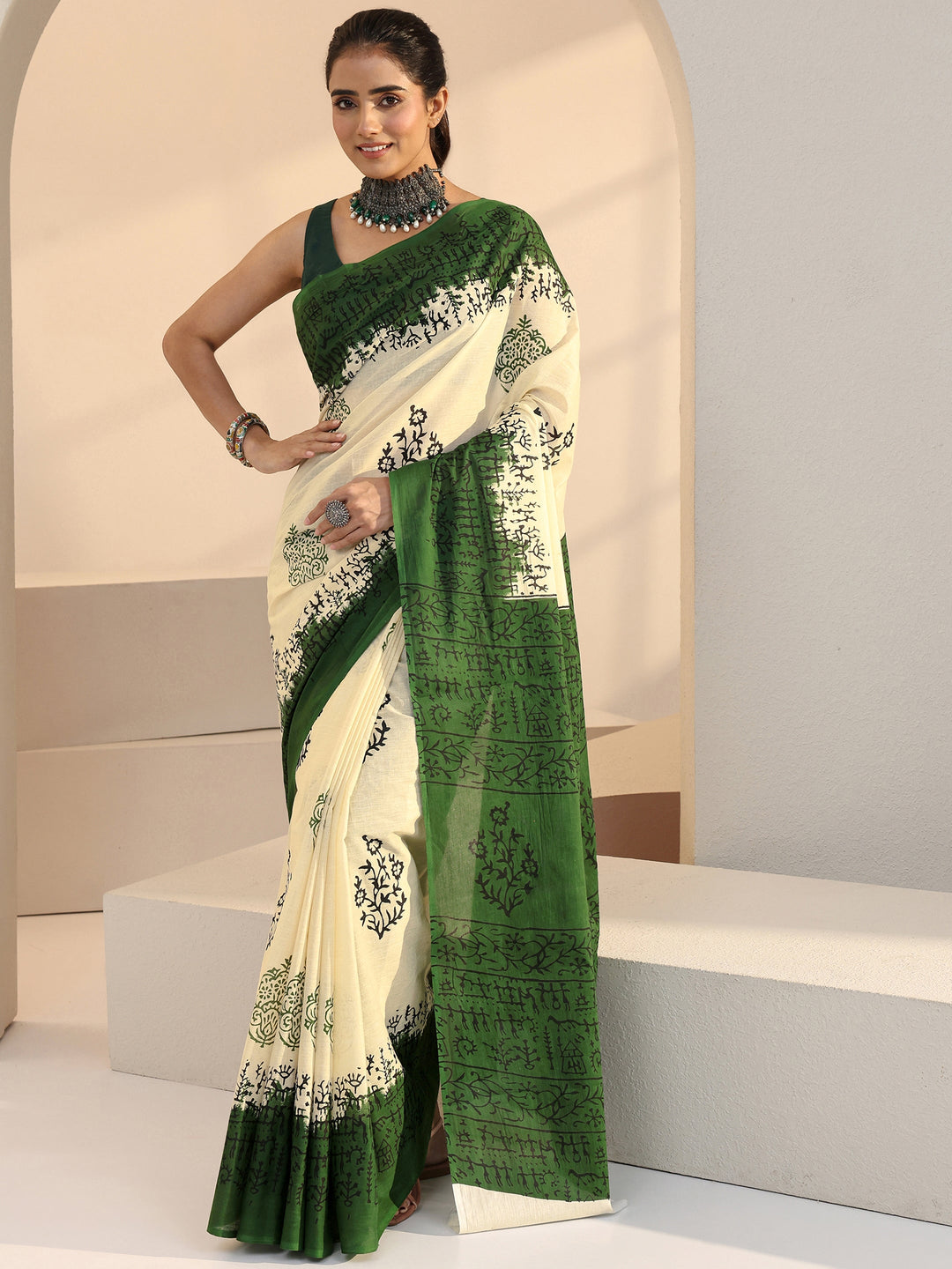  Ombre Beige and Green Block Floral Printed Cotton Saree 
