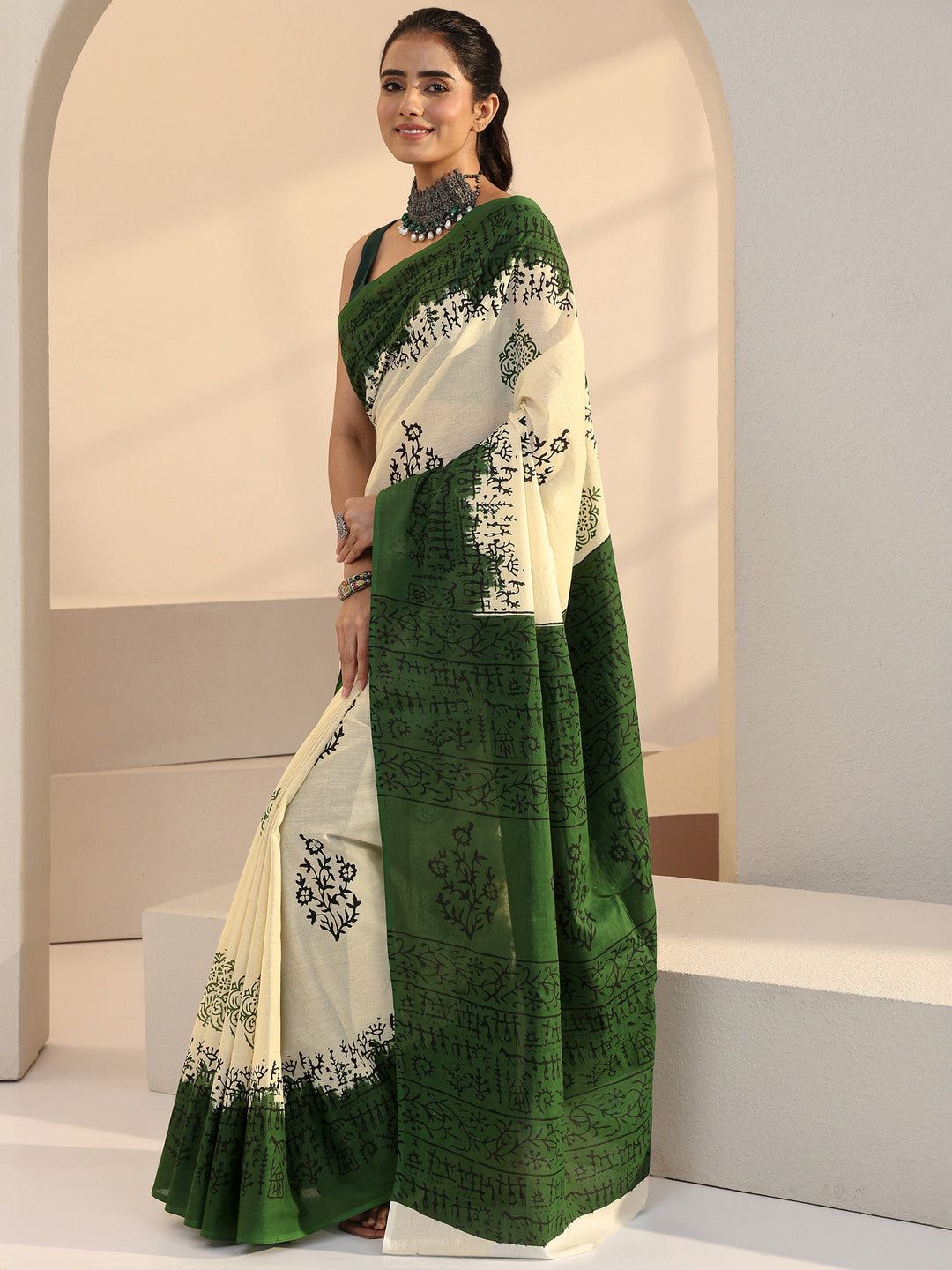  Ombre Beige and Green Block Floral Printed Cotton Saree 