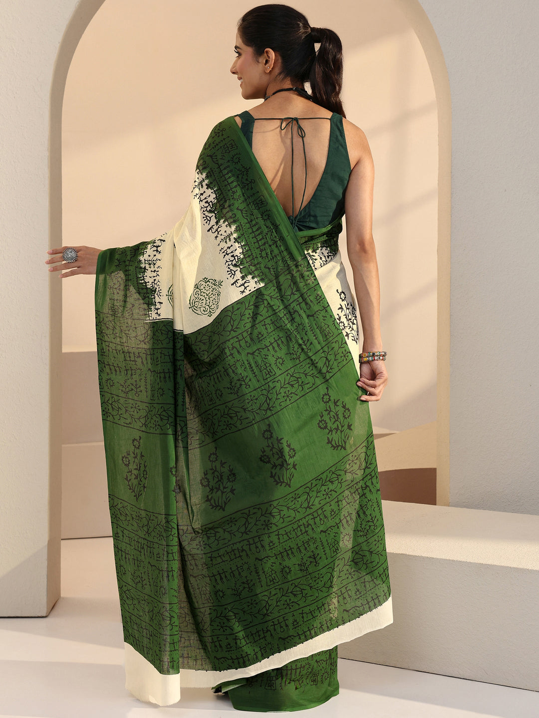  Ombre Beige and Green Block Floral Printed Cotton Saree 