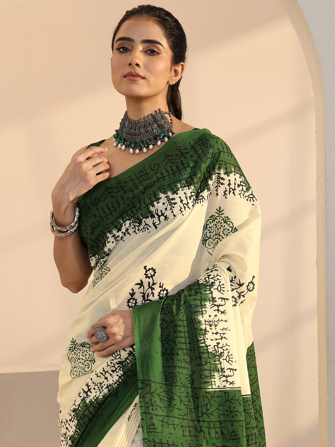  Ombre Beige and Green Block Floral Printed Cotton Saree 