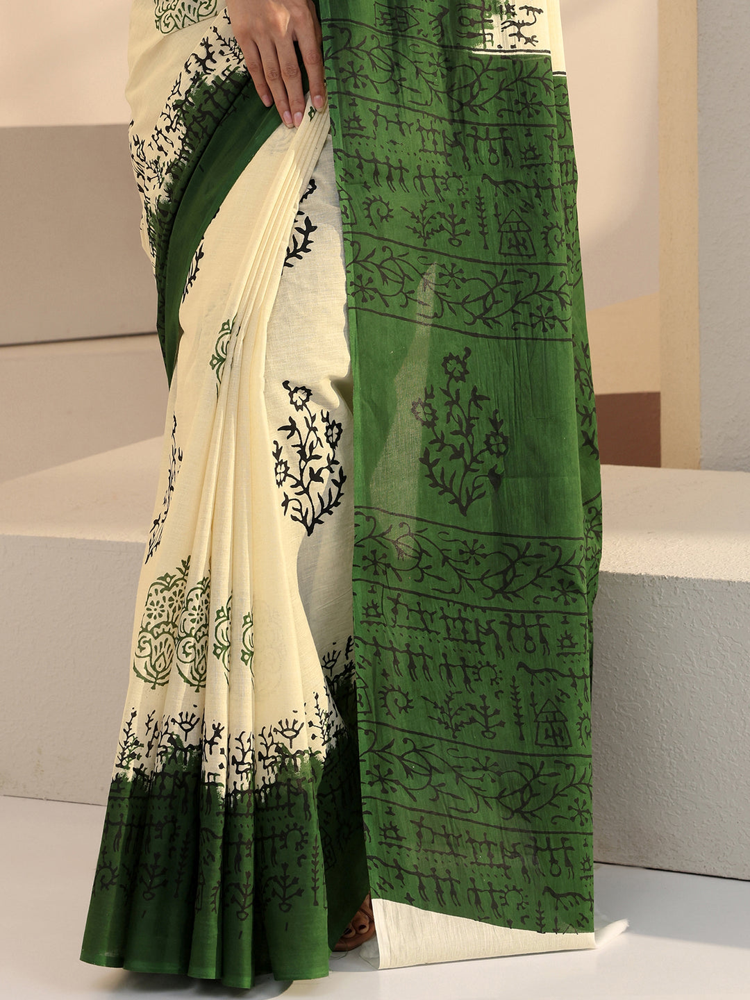  Ombre Beige and Green Block Floral Printed Cotton Saree 