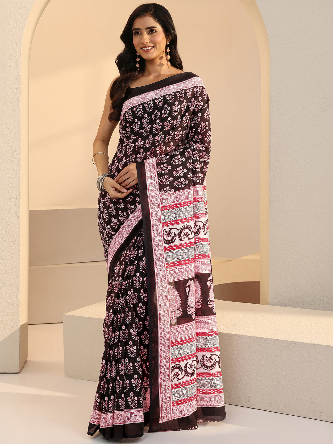  Black Bagru Floral Print Cotton Saree 