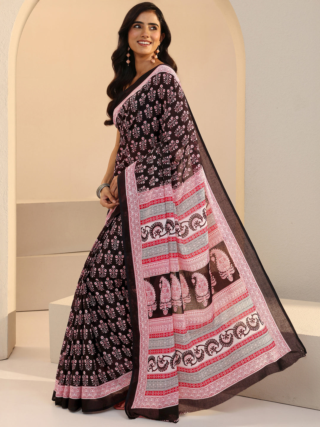  Black Bagru Floral Print Cotton Saree 