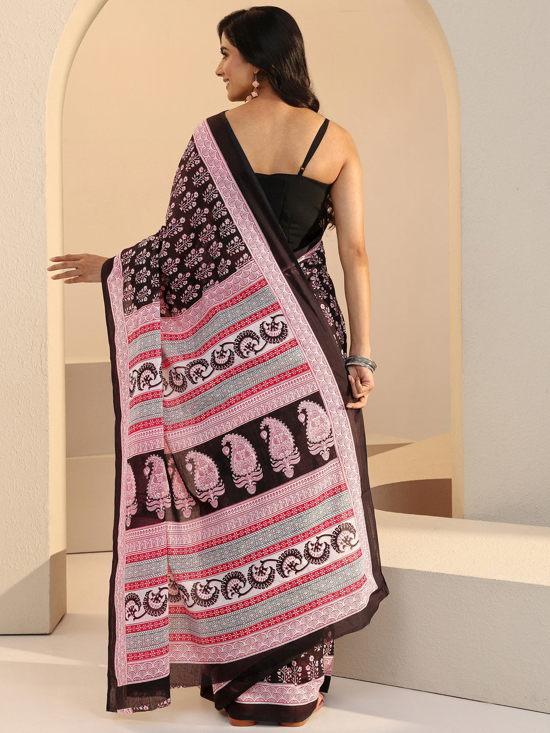  Black Bagru Floral Print Cotton Saree 