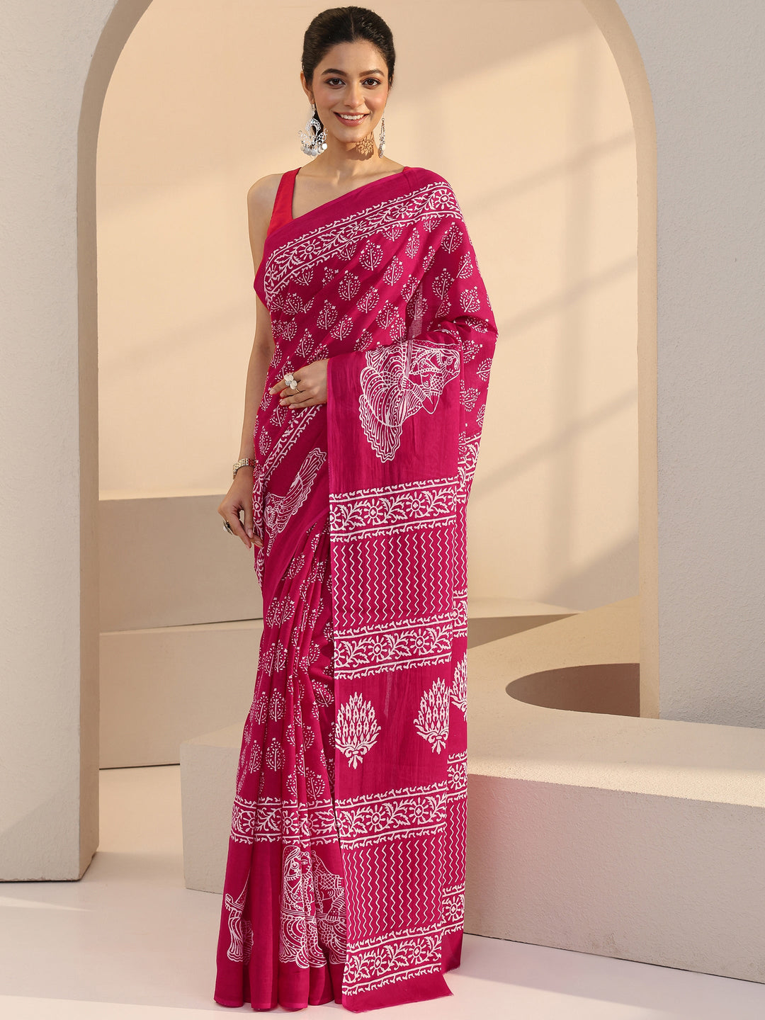  Rose Pink Block Printed Cotton Saree 