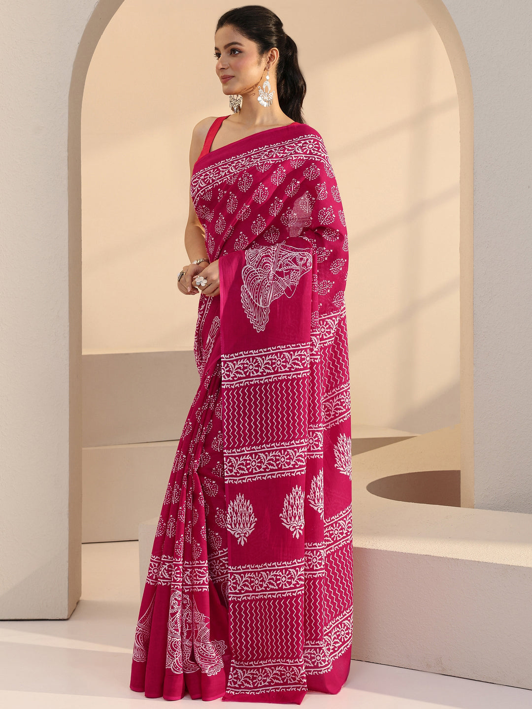  Rose Pink Block Printed Cotton Saree 