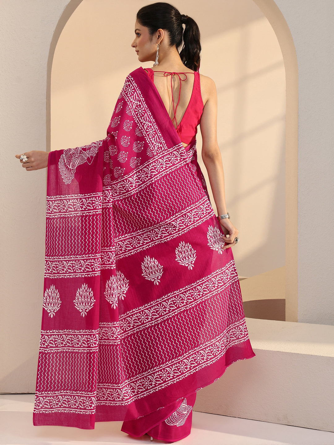  Rose Pink Block Printed Cotton Saree 