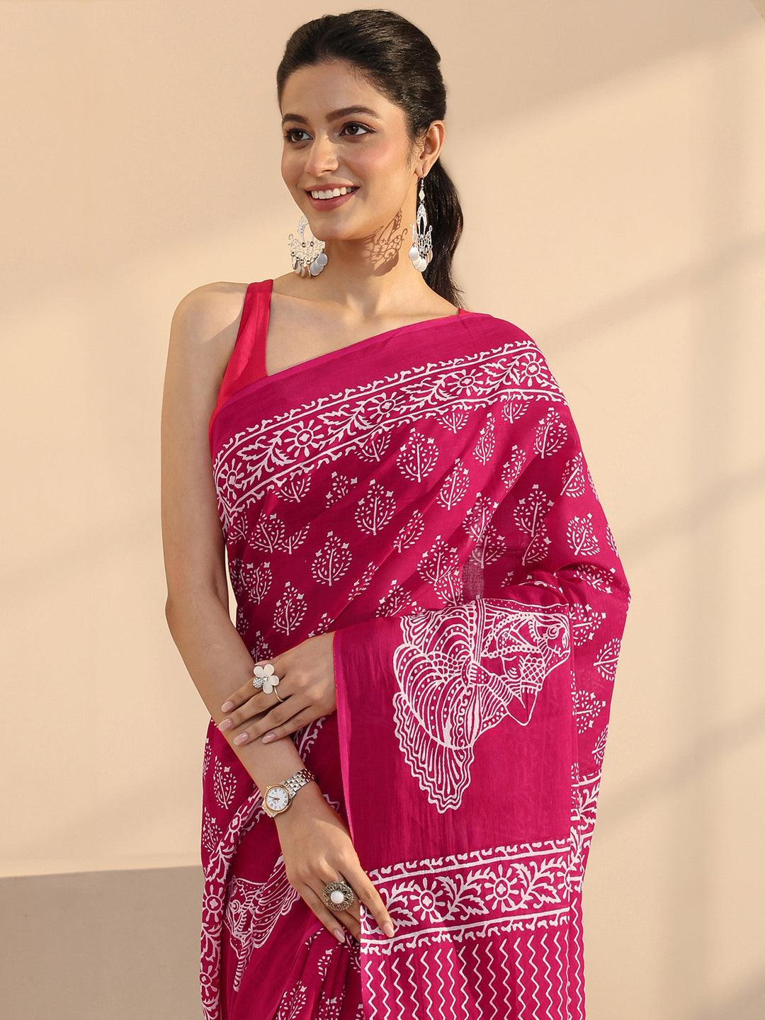  Rose Pink Block Printed Cotton Saree 