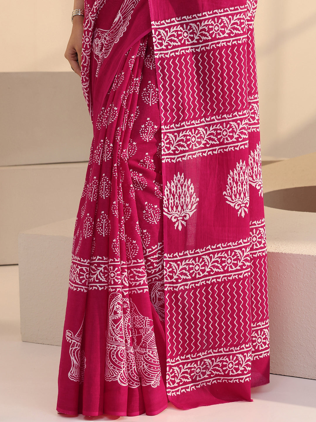  Rose Pink Block Printed Cotton Saree 