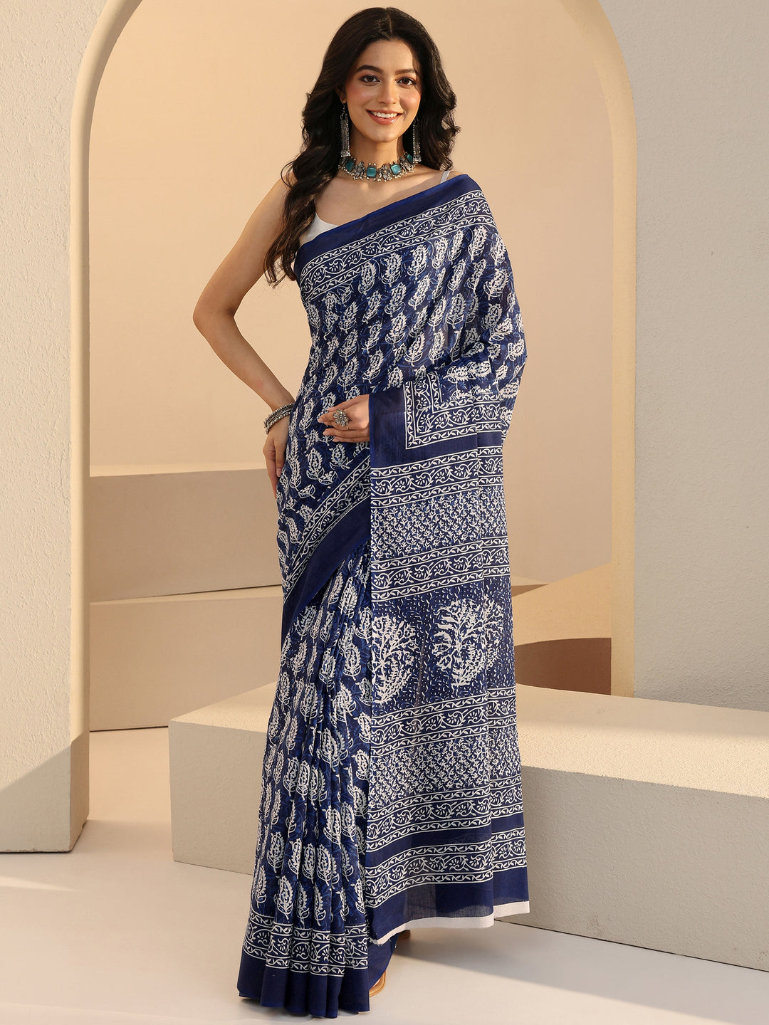  Blue Bagru Print Cotton Saree 