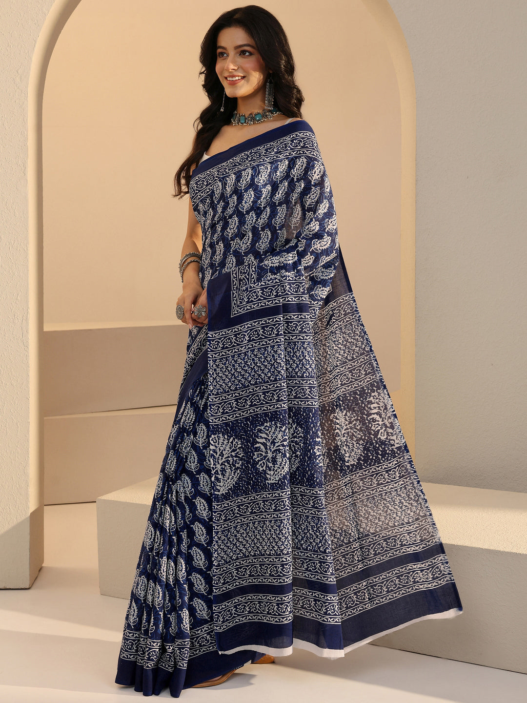 Blue Bagru Print Cotton Saree 