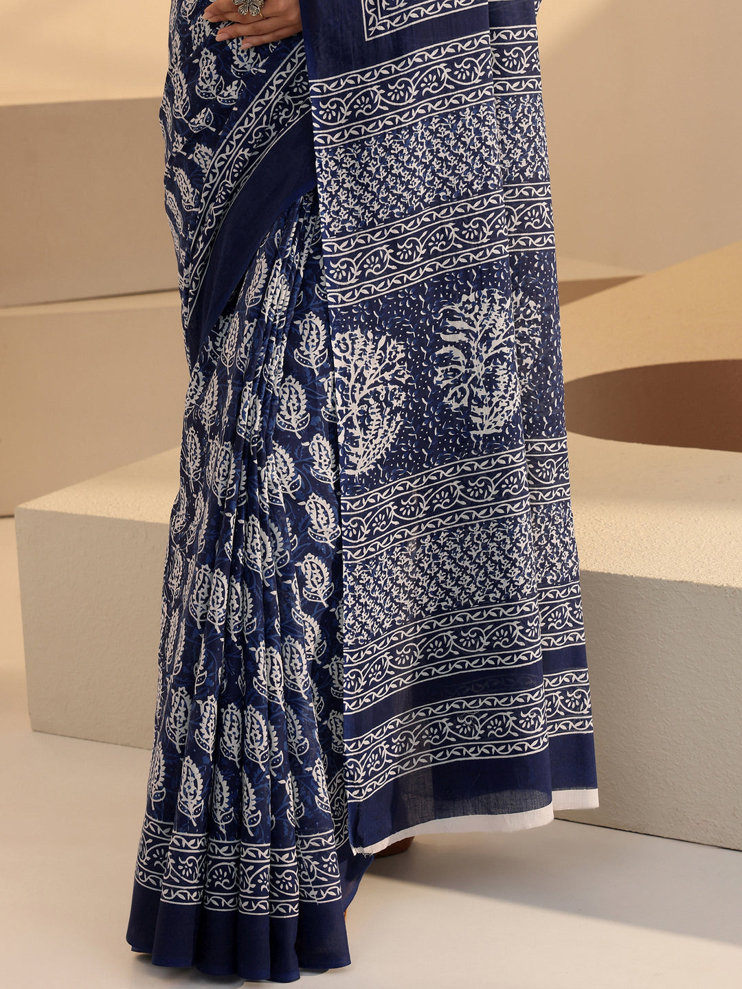  Blue Bagru Print Cotton Saree 