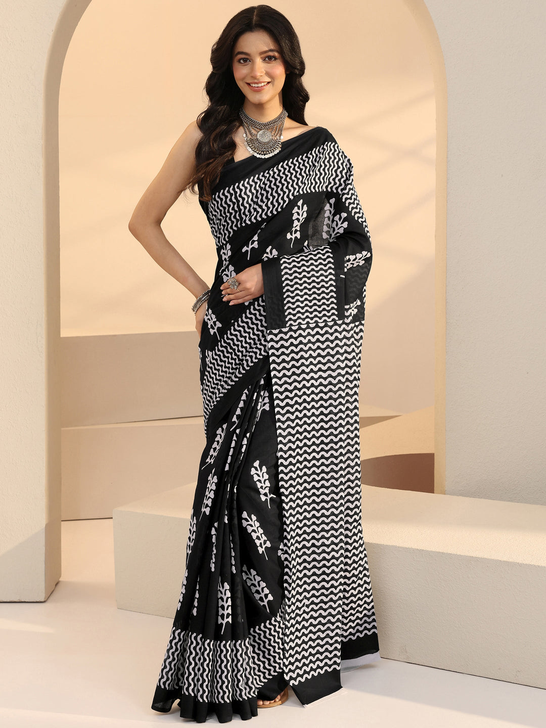  Black Block Printed Cotton Saree 