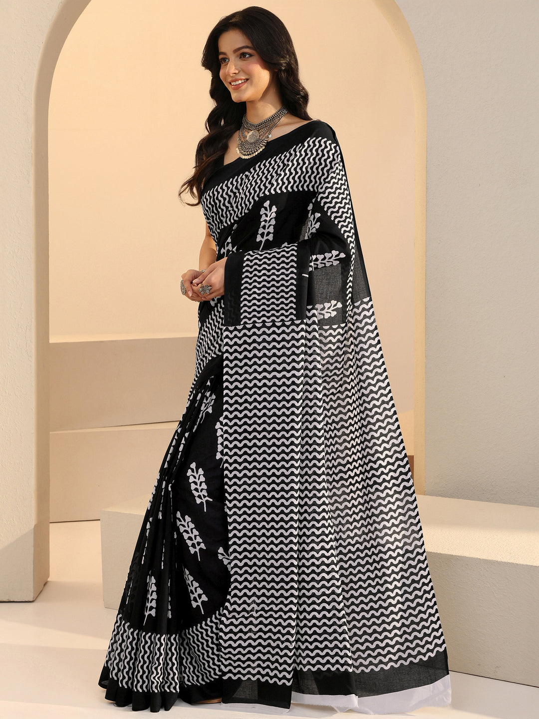  Black Block Printed Cotton Saree 