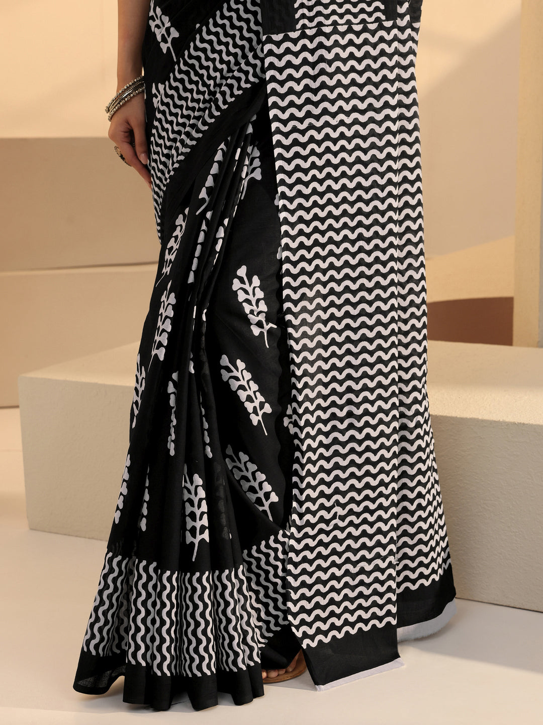  Black Block Printed Cotton Saree 