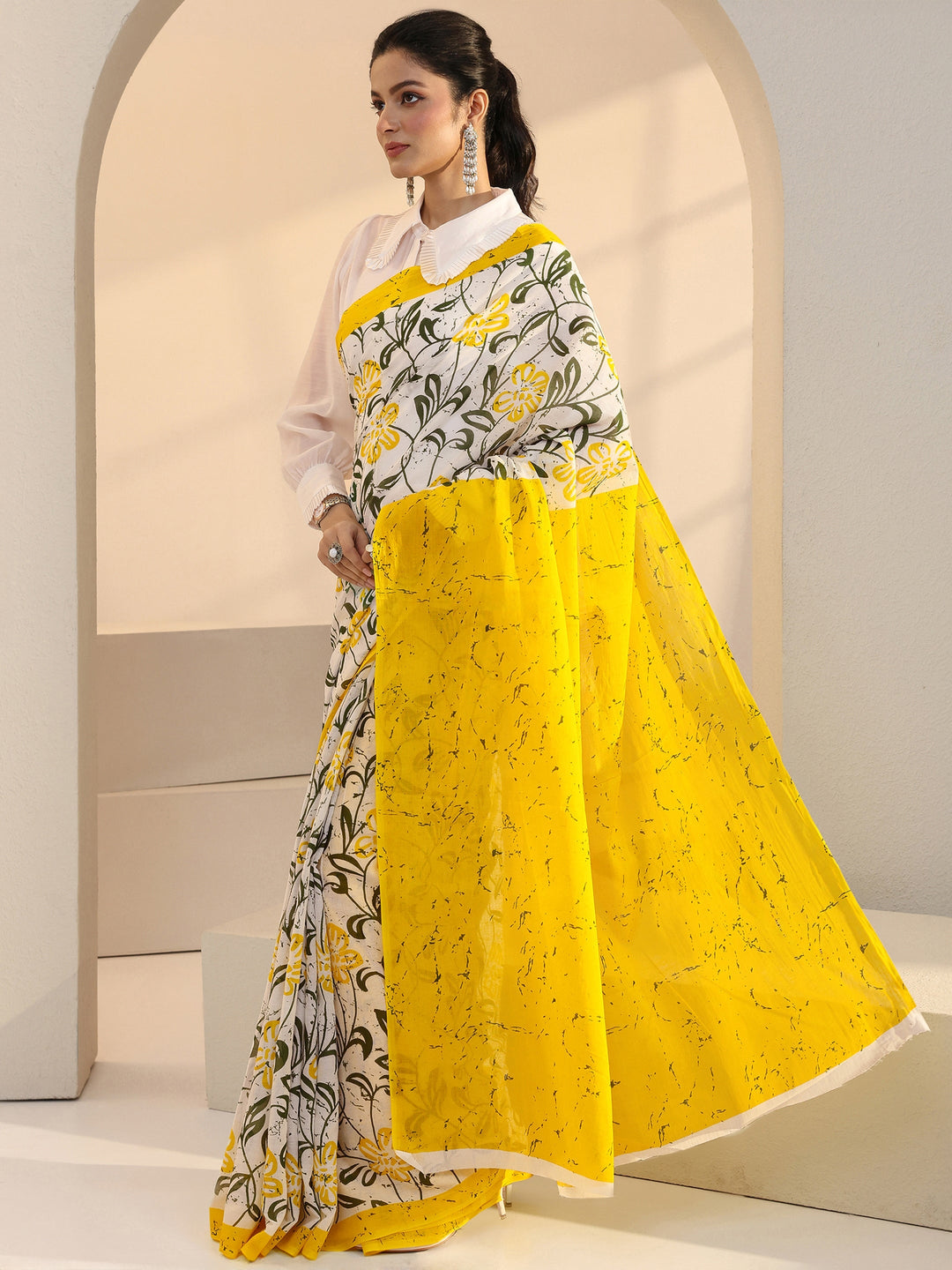  White Floral Print Cotton Saree with Yellow Pallu 