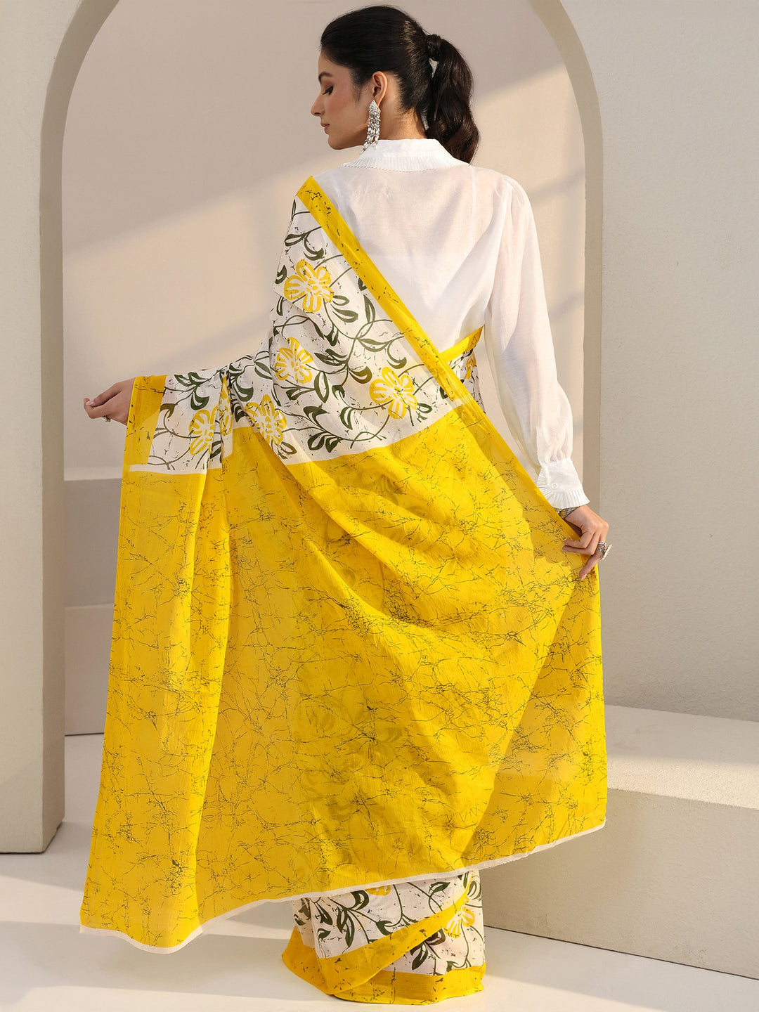  White Floral Print Cotton Saree with Yellow Pallu 
