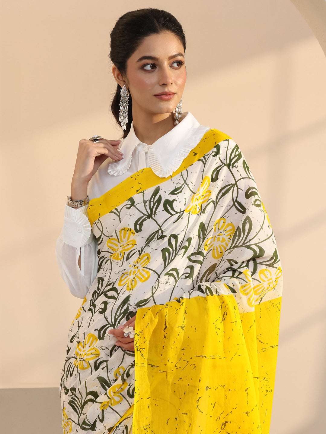  White Floral Print Cotton Saree with Yellow Pallu 