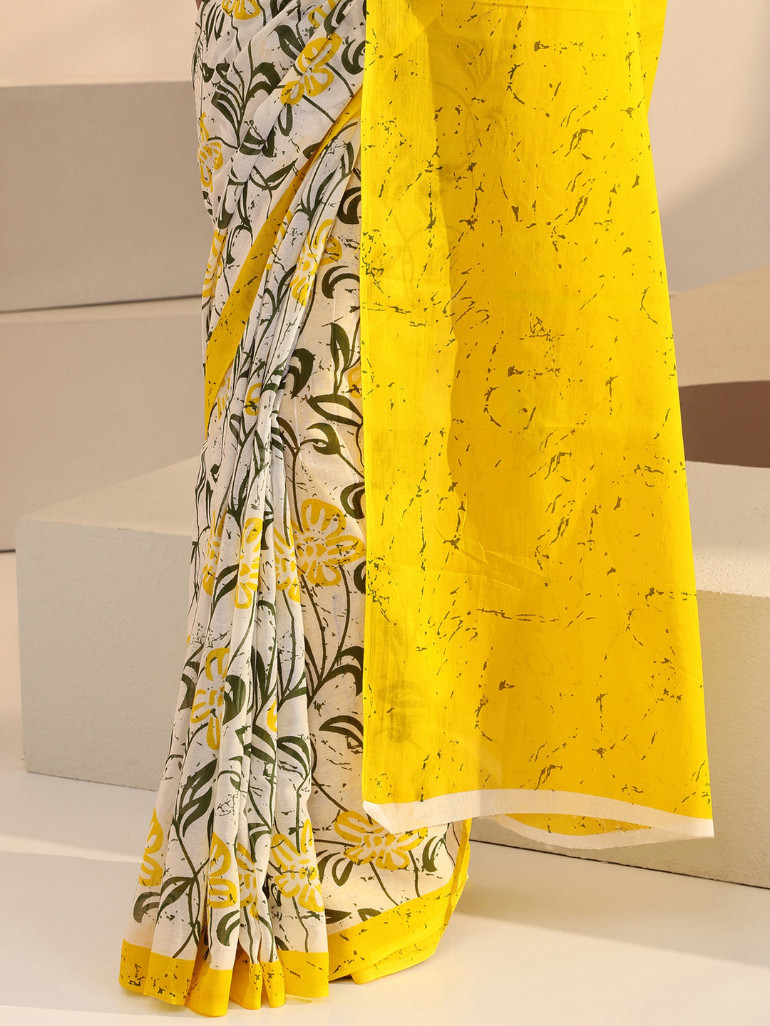  White Floral Print Cotton Saree with Yellow Pallu 