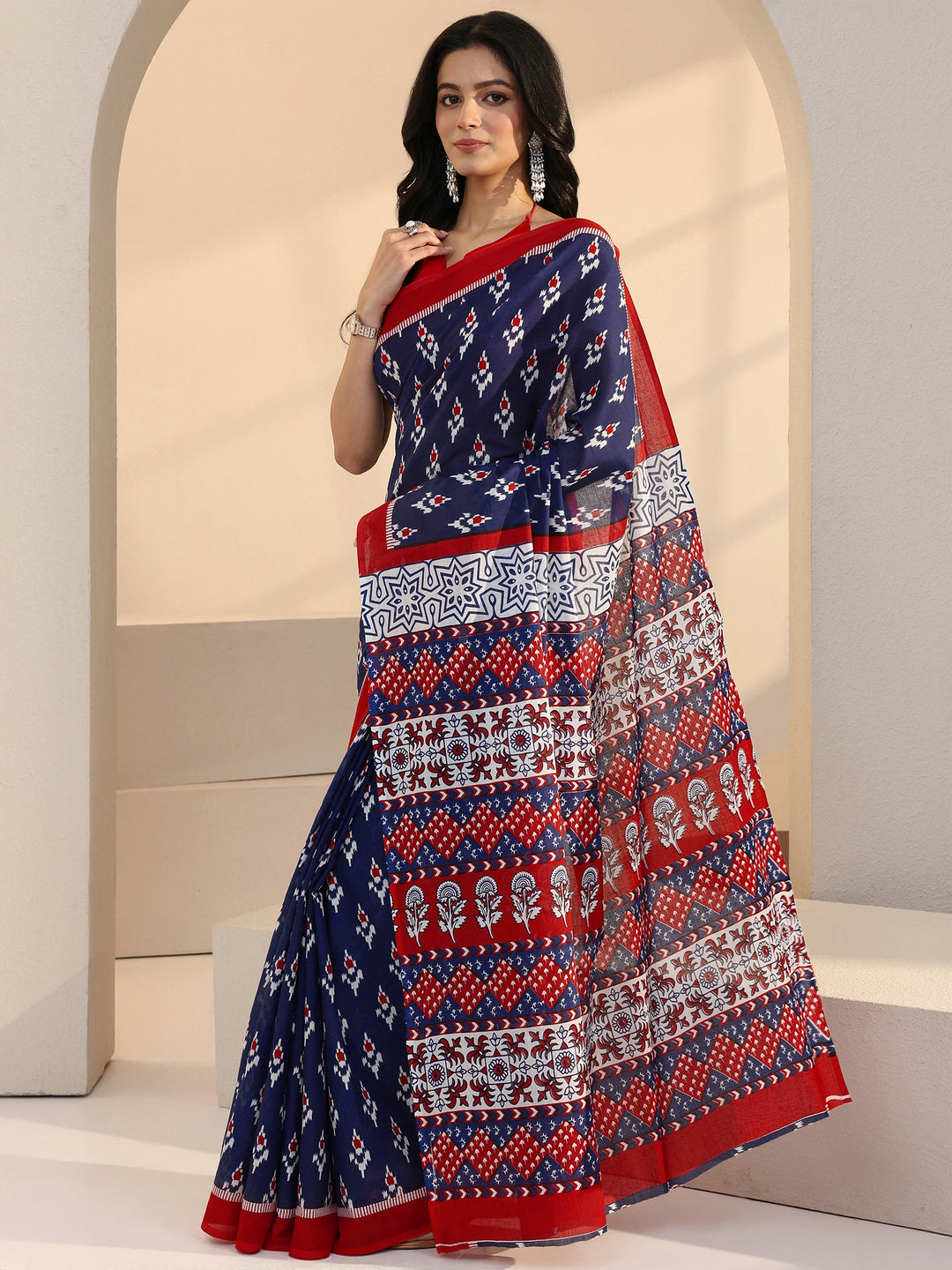  Blue Geometric Print Cotton Saree 