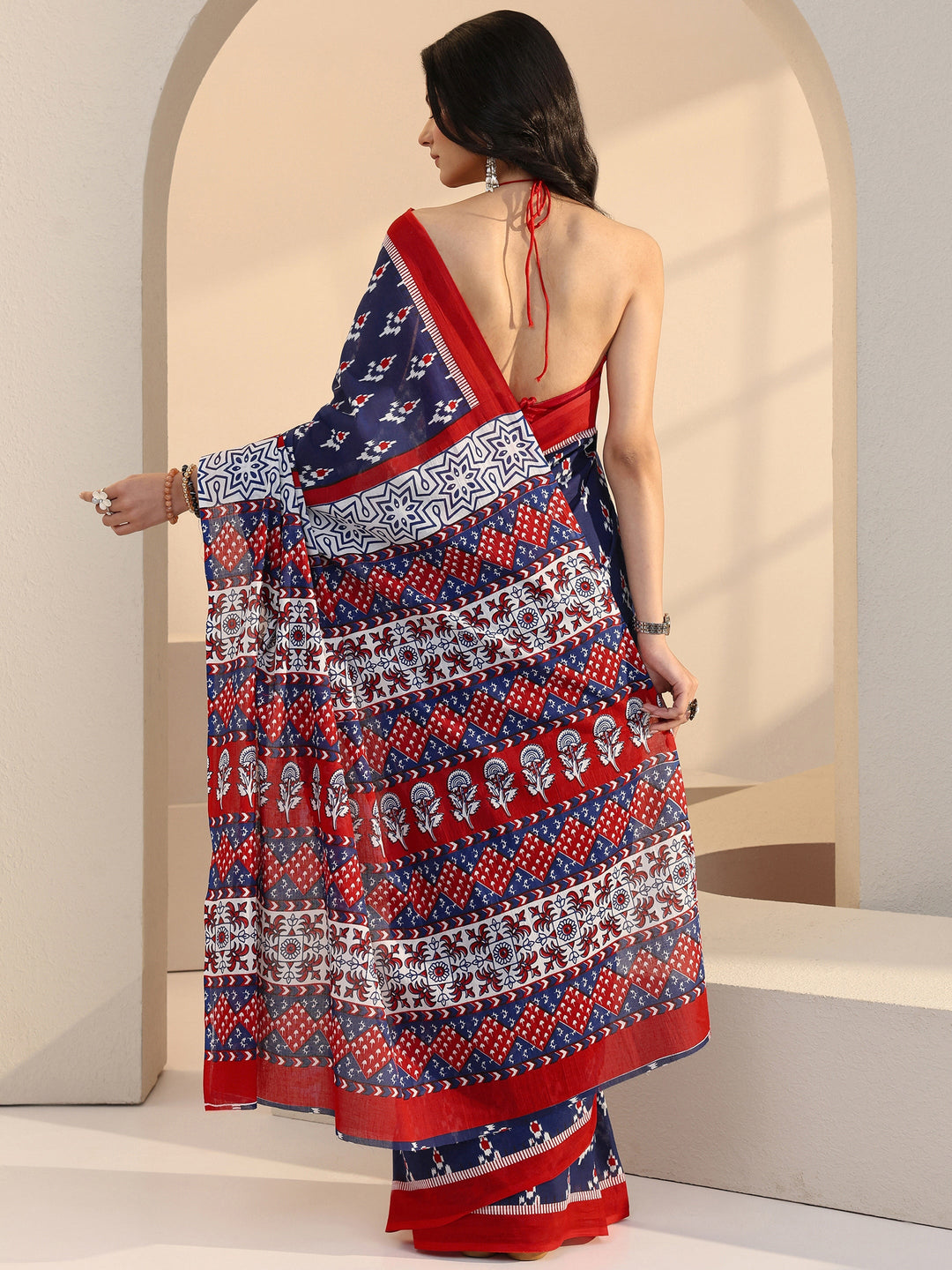  Blue Geometric Print Cotton Saree 