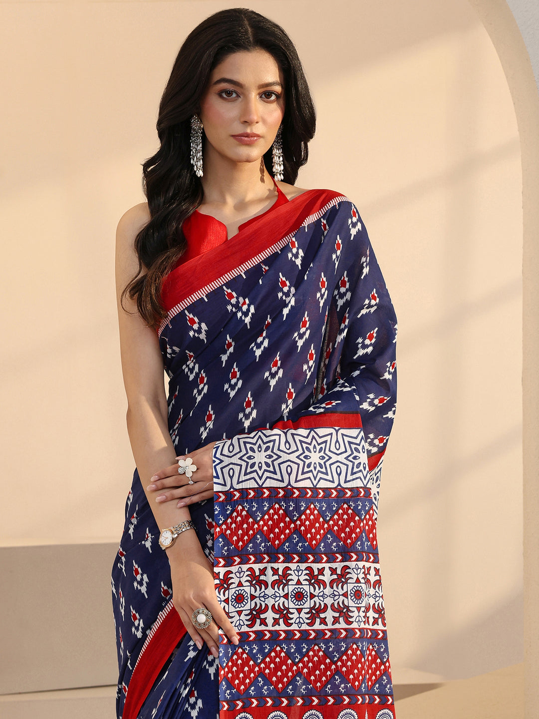 Blue Geometric Print Cotton Saree 