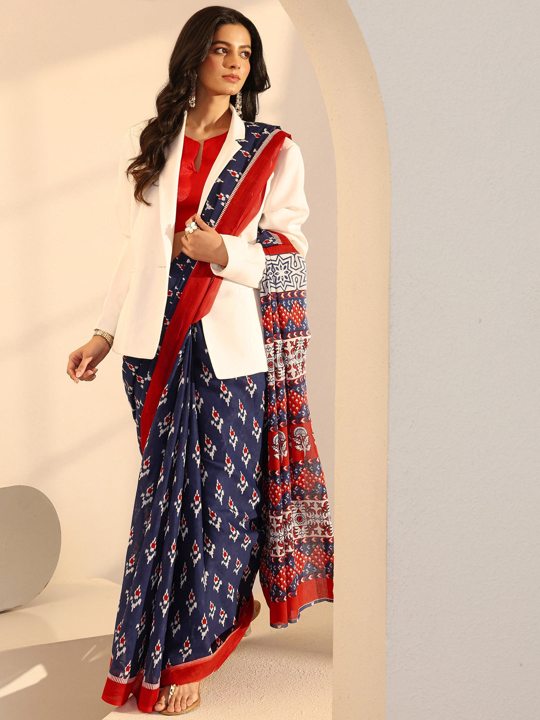  Blue Geometric Print Cotton Saree 