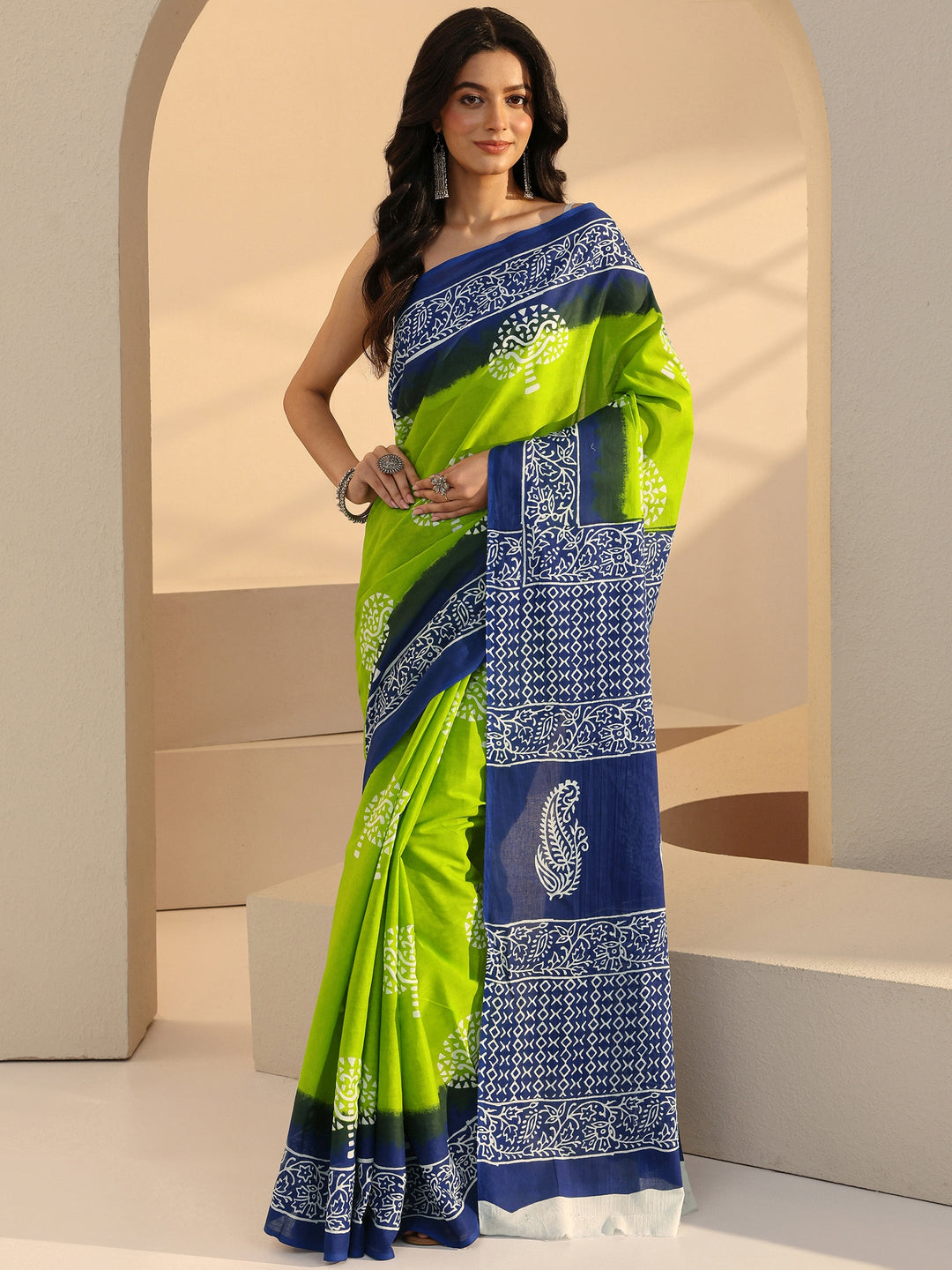  Ombre Blue and Green Block Printed Cotton Saree 