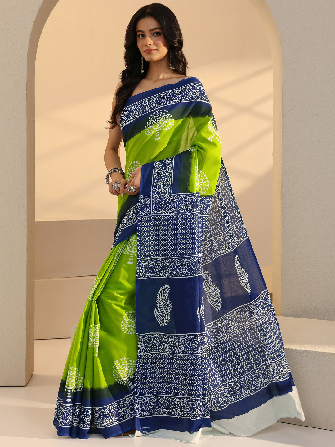  Ombre Blue and Green Block Printed Cotton Saree 