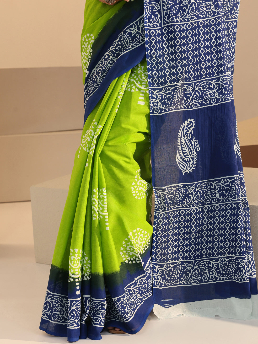  Ombre Blue and Green Block Printed Cotton Saree 