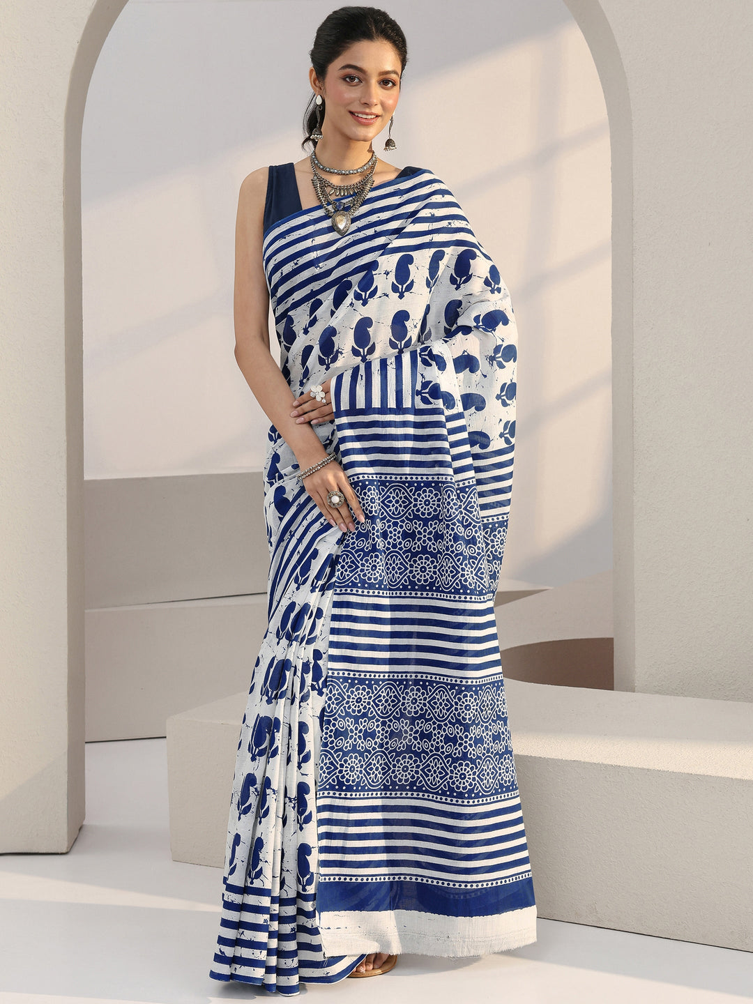  White Paisley Batik Print Cotton Saree 