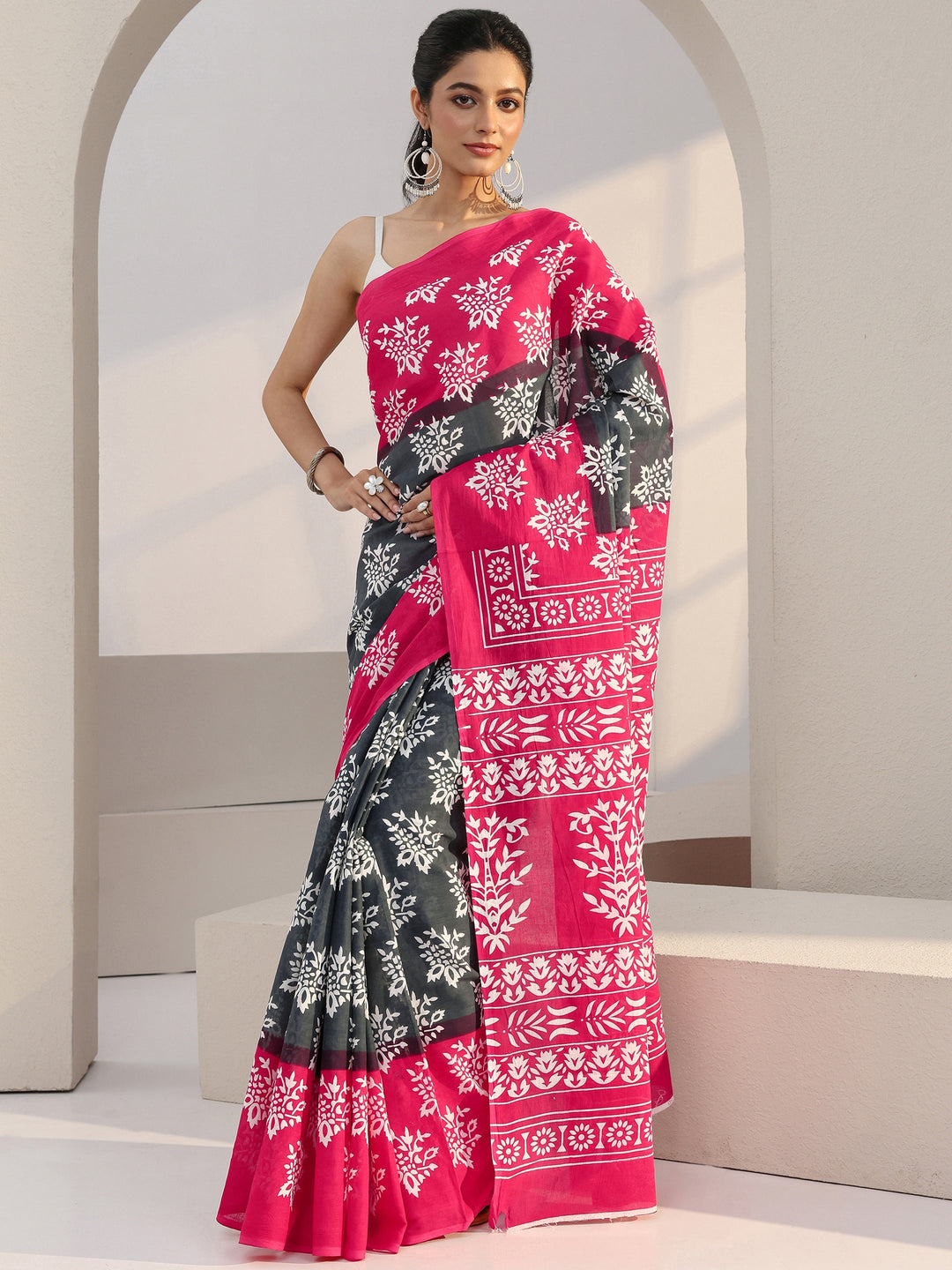  Grey Floral Print Cotton Saree 